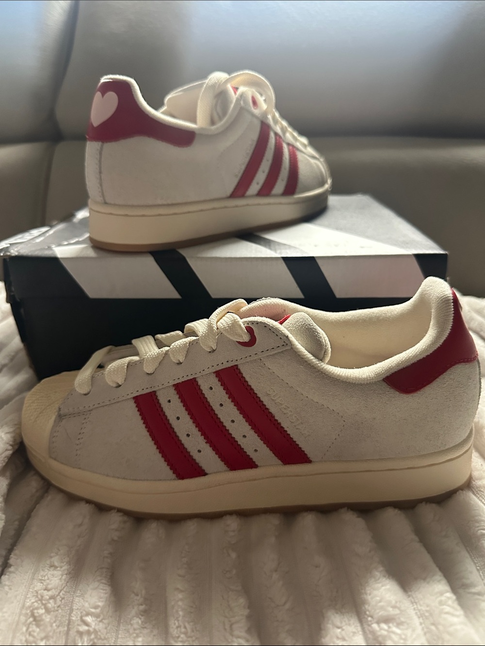 adidas Women’s White Suede Sneakers with Red Stripes and Heart Heel